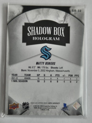 22-23 SPX Matty Beniers SB-32 Shadow Box Hologram Rookie Seattle Kraken back